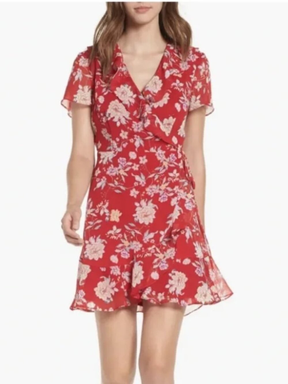 NEW Lush Colie Red Floral Ruffle V-Neck Wrap Short Sleeve Mini Dress Size M